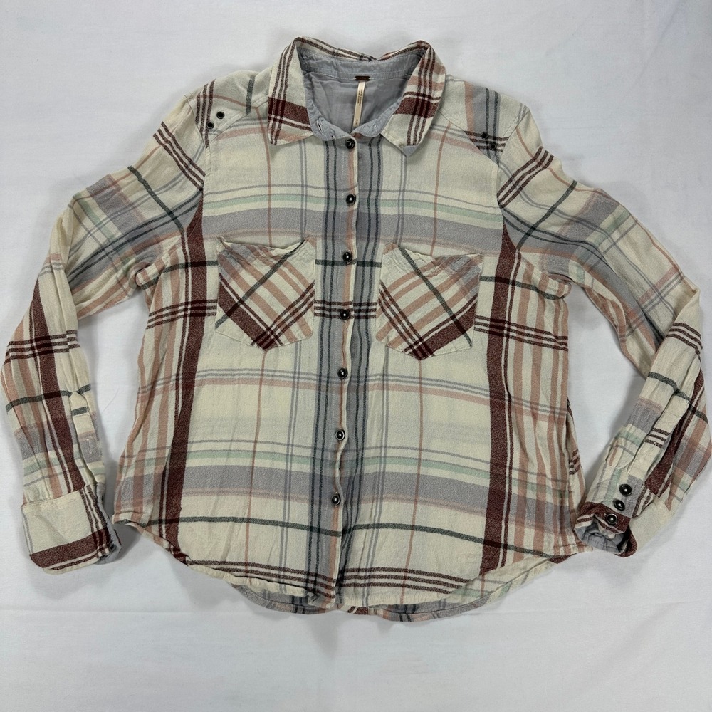 Free People Wesley Plaid Button Front Shirt Gray Cream Rust Soft Woven Top Small